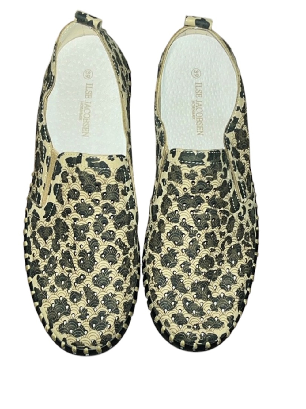 Ilse Jacobsen Black and Cream Woven Slip-On Loafers.